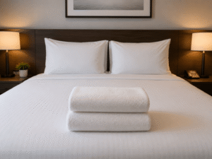 Cama de casal perfeitamente arrumada com toalhas limpas dobradas no topo, representando o serviço de limpeza de Airbnb em Marietta, GA.