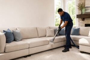 House Fresh Cleaning technician steam cleaning a living room carpet with hot water extraction in Marietta, GA