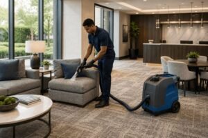 House Fresh Cleaning technician cleaning office carpet with hot water extraction in a Marietta, GA workplace