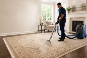 Technician cleaning a patterned Persian-style area rug over hardwood with hot water extraction in Marietta, GA