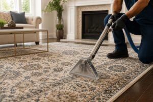 House Fresh Cleaning technician deep cleaning a living room sofa with hot water extraction in Marietta, GA